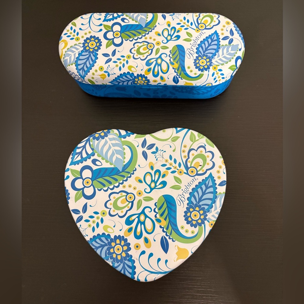 Lot of 2 Brighton collectible tin boxes Heart-Shaped and eyeglass case floral PO